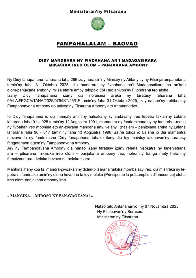 DIDY MANDRARA NY FIVOAHANA AN'I MADAGASKARA MIKASIKA IREO OLOM-PANJAKANA AMBONY